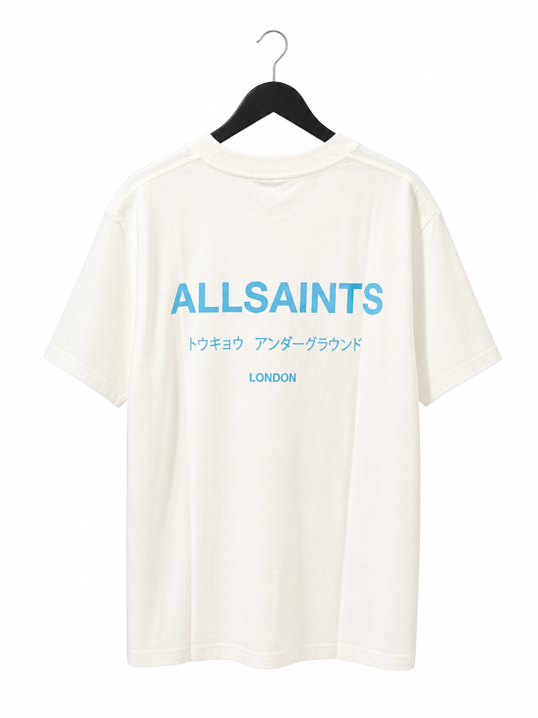טי שירט - ALLSAINTS - לבן כיתוב תכלת